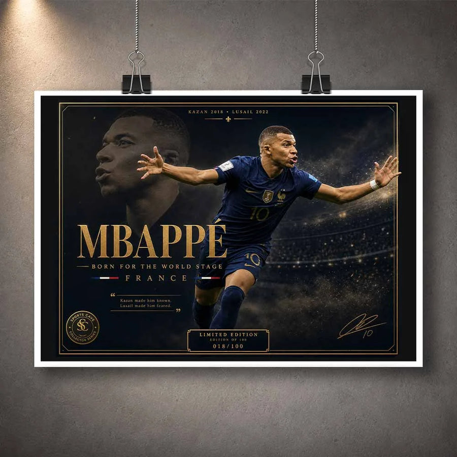Kylian Mbappé unframed sports wall art poster with premium football design for modern collector displays.