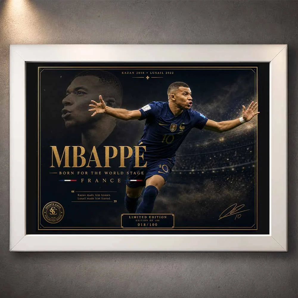 Kylian Mbappé limited edition framed sports wall art in a sleek white frame for modern football interiors.