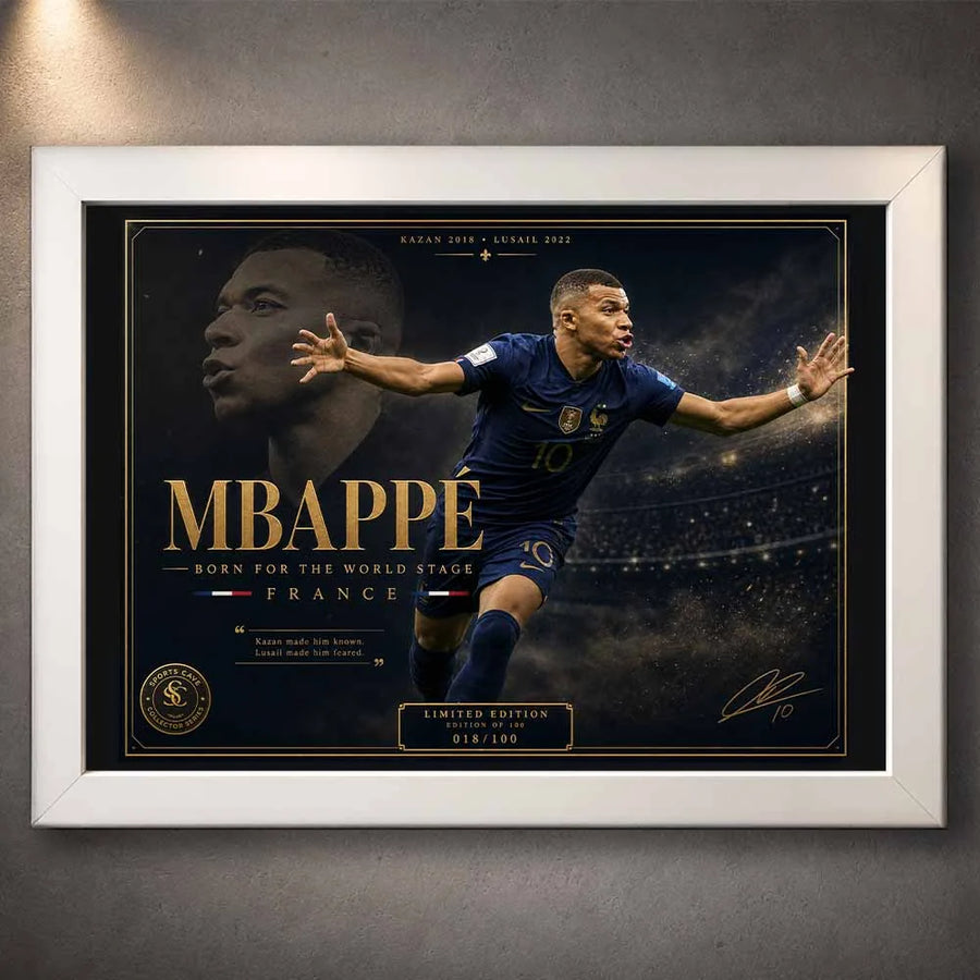 Kylian Mbappé limited edition framed sports wall art in a sleek white frame for modern football interiors.
