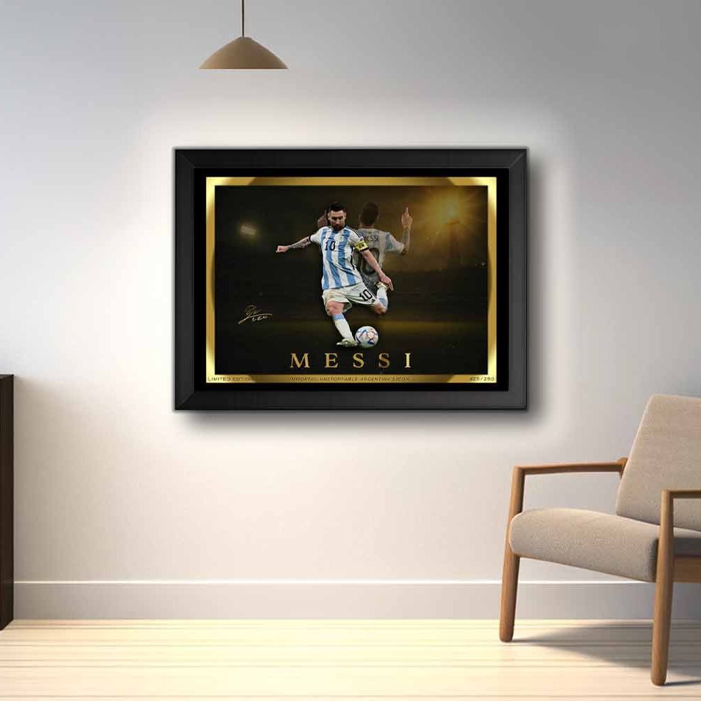 Lionel Messi framed sports art displayed in a modern minimalist room, ideal for premium sports collectibles and man cave wall décor.