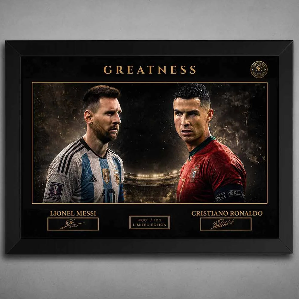 Black framed Messi vs Ronaldo man cave wall décor, dramatic lighting enhances premium soccer artwork