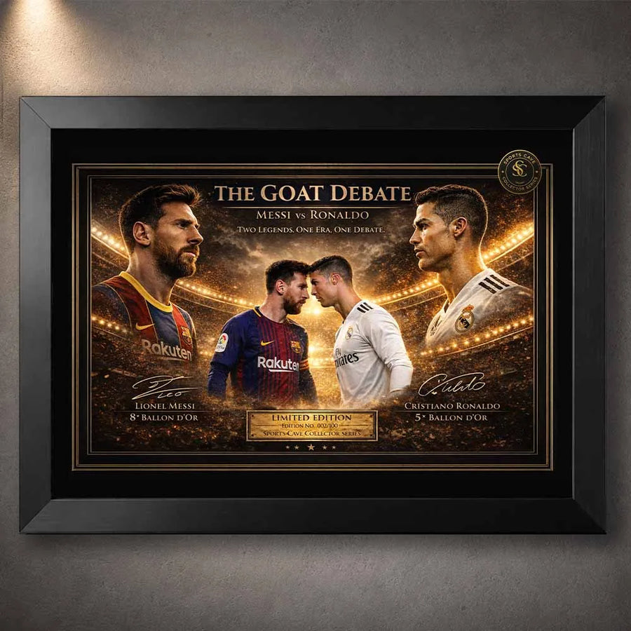 Messi vs Ronaldo sports wall art in a black frame featuring two legendary football icons in one design.