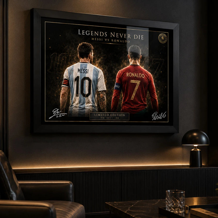 Messi vs Ronaldo black framed sports wall art in a modern man cave for passionate soccer fans.