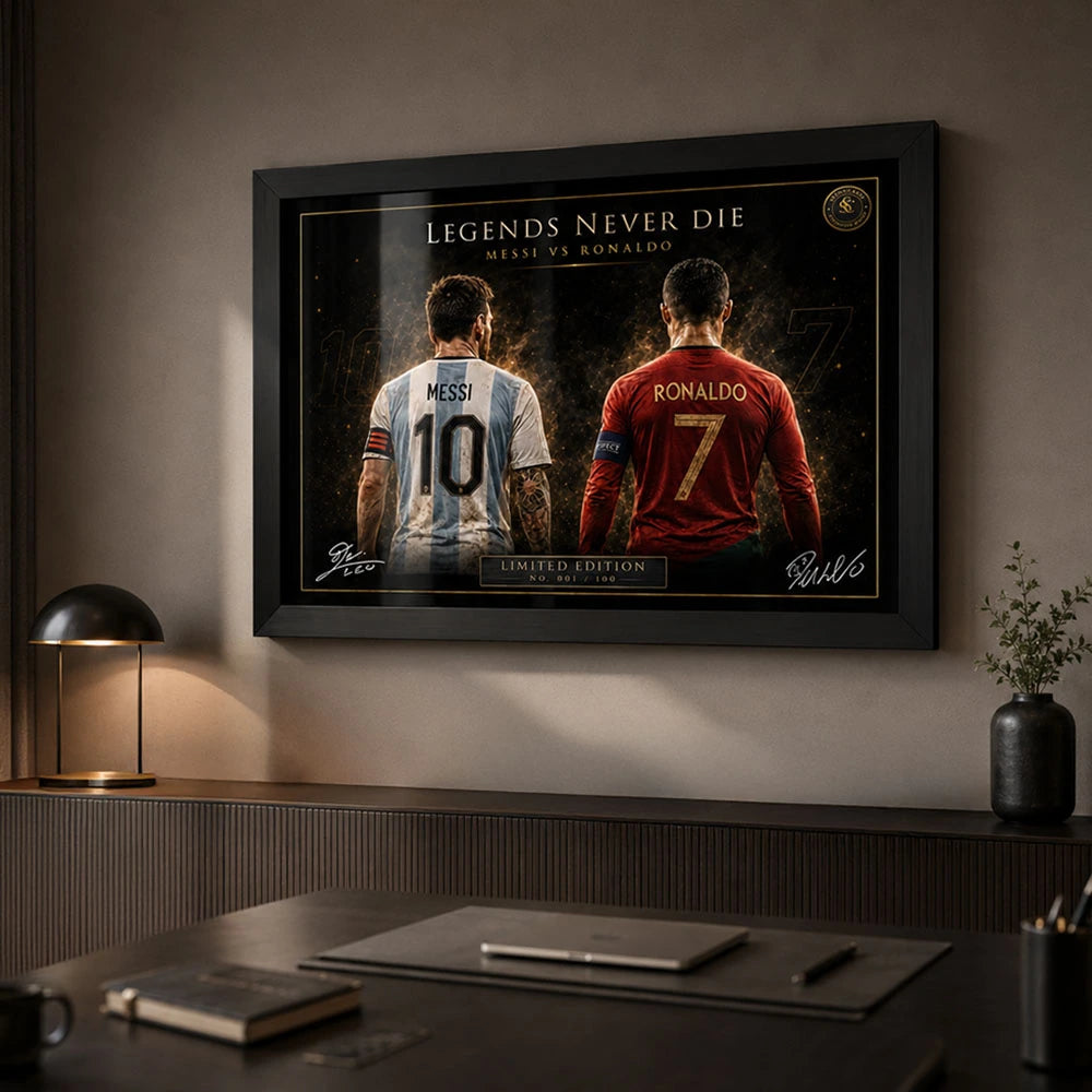 Messi vs Ronaldo framed football wall art styled in a minimalist office for premium sports collectors.
