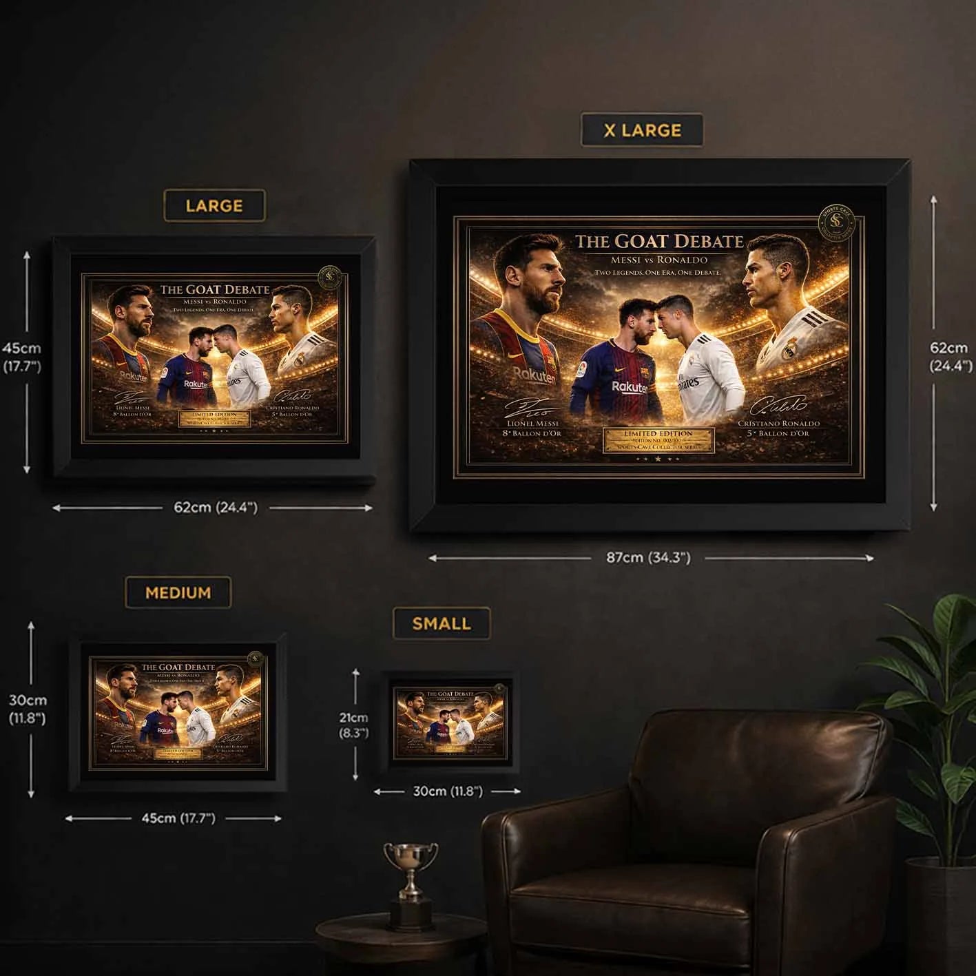 Messi vs Ronaldo framed sports memorabilia size guide displaying small to extra large football wall art sizes.