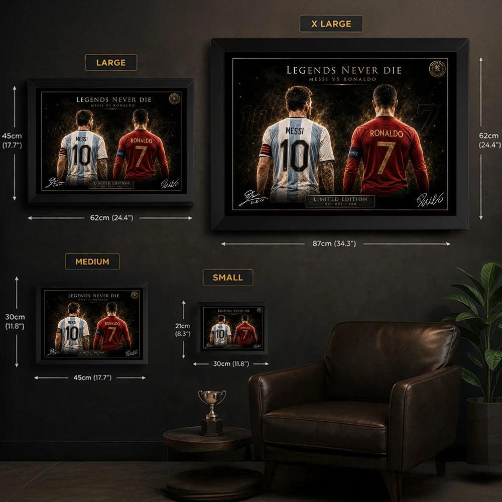 Messi vs Ronaldo framed sports wall art size guide showing small, medium, large and extra large options.