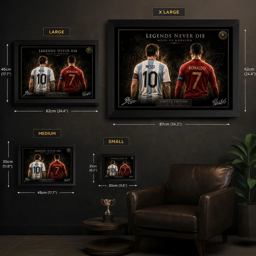 Messi vs Ronaldo framed sports wall art size guide showing small, medium, large and extra large options.