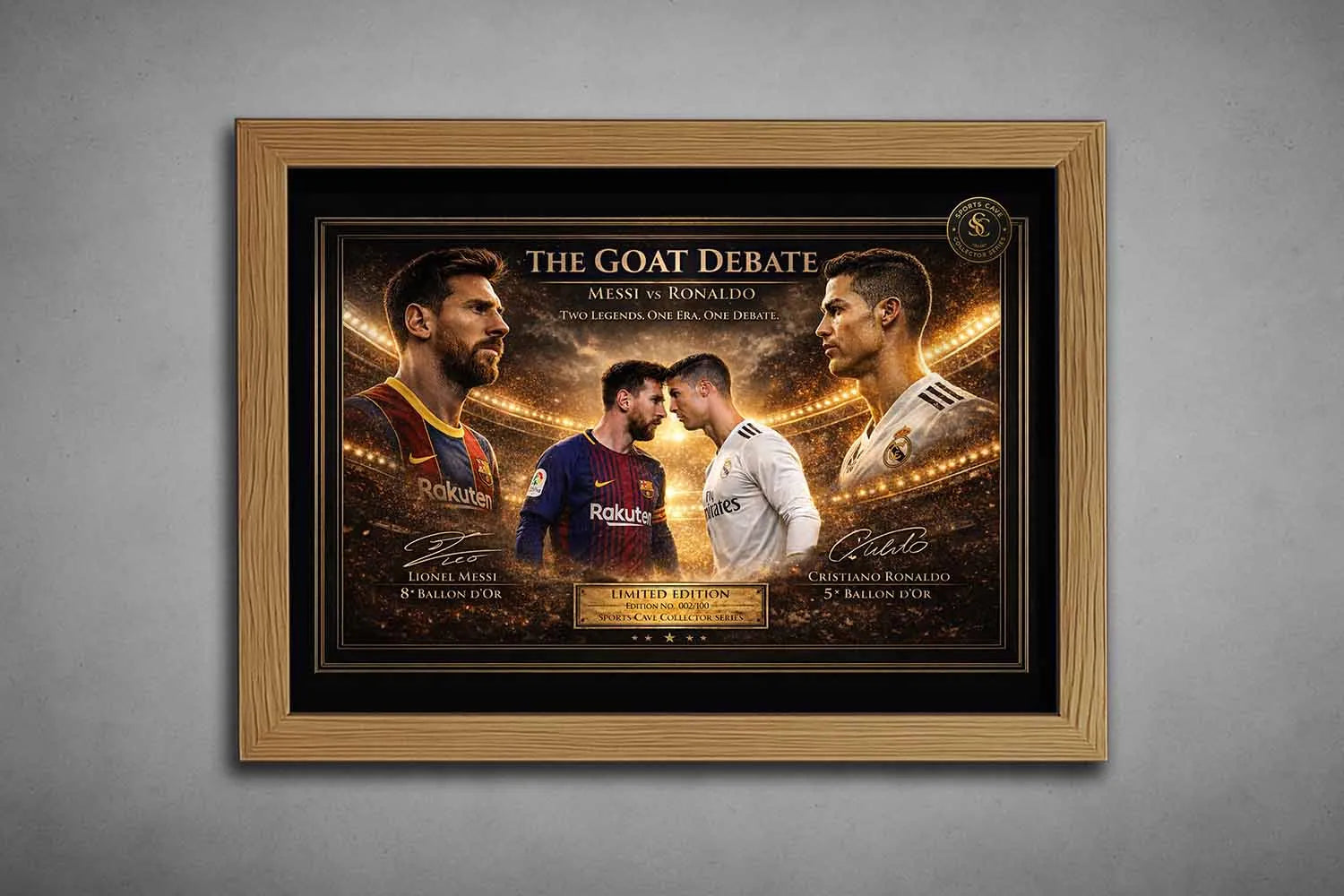 Framed "Messi vs Ronaldo" soccer art in an oak frame, showcasing the legendary rivalry with Messi's 8 Ballon d'Or and Ronaldo's 5.