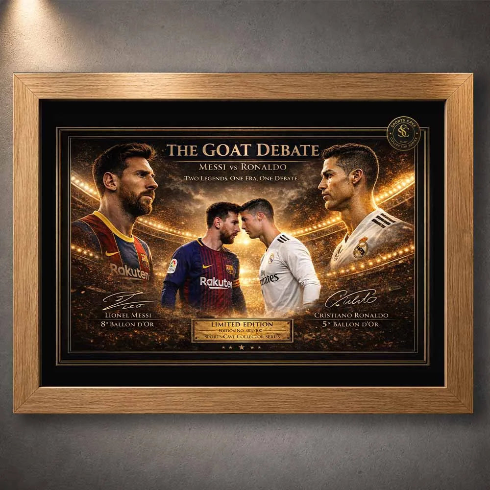 Messi vs Ronaldo premium sports collectibles artwork showcased in an elegant oak wood frame display.