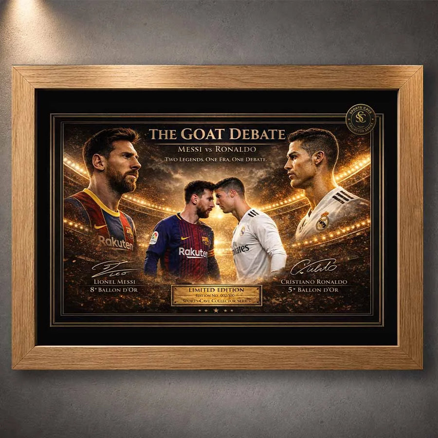 Messi vs Ronaldo premium sports collectibles artwork showcased in an elegant oak wood frame display.