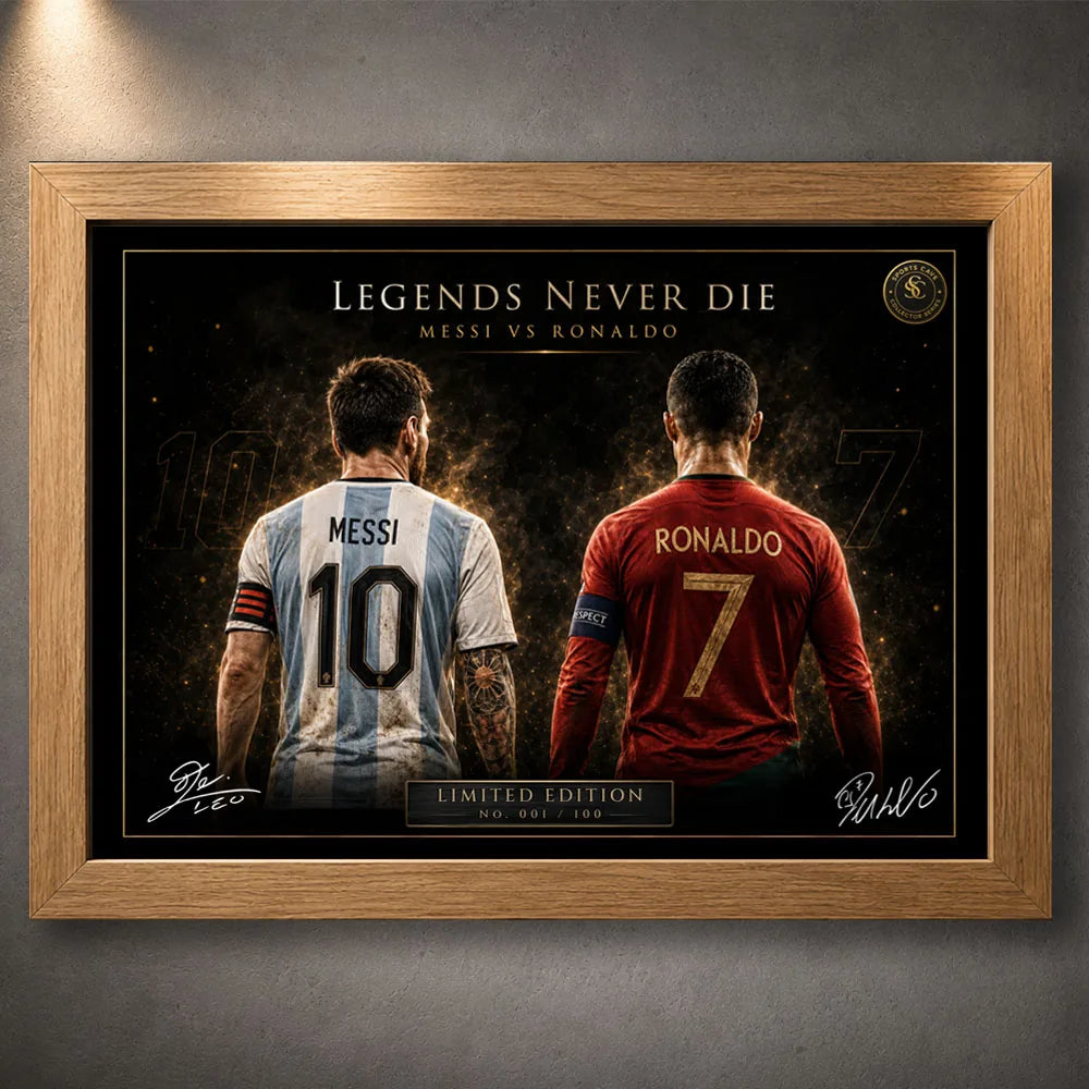 Messi vs Ronaldo oak framed soccer wall art, limited edition football print for collectors.