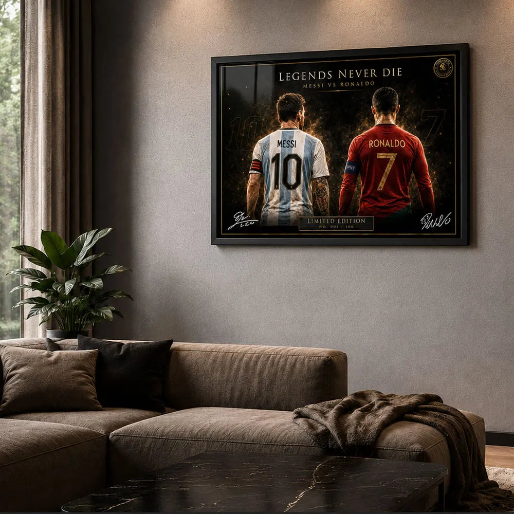 Messi vs Ronaldo framed soccer wall art displayed in a premium living room for football fans.