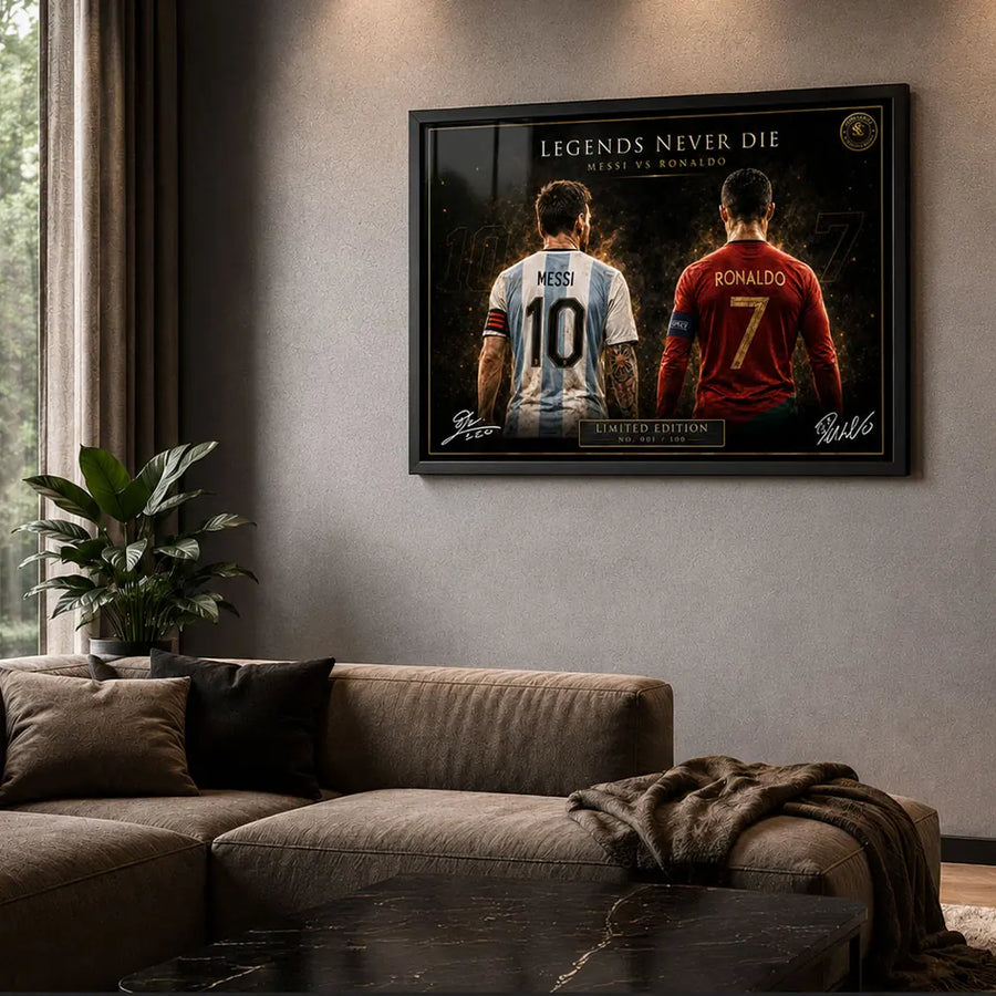 Messi vs Ronaldo framed soccer wall art displayed in a premium living room for football fans.