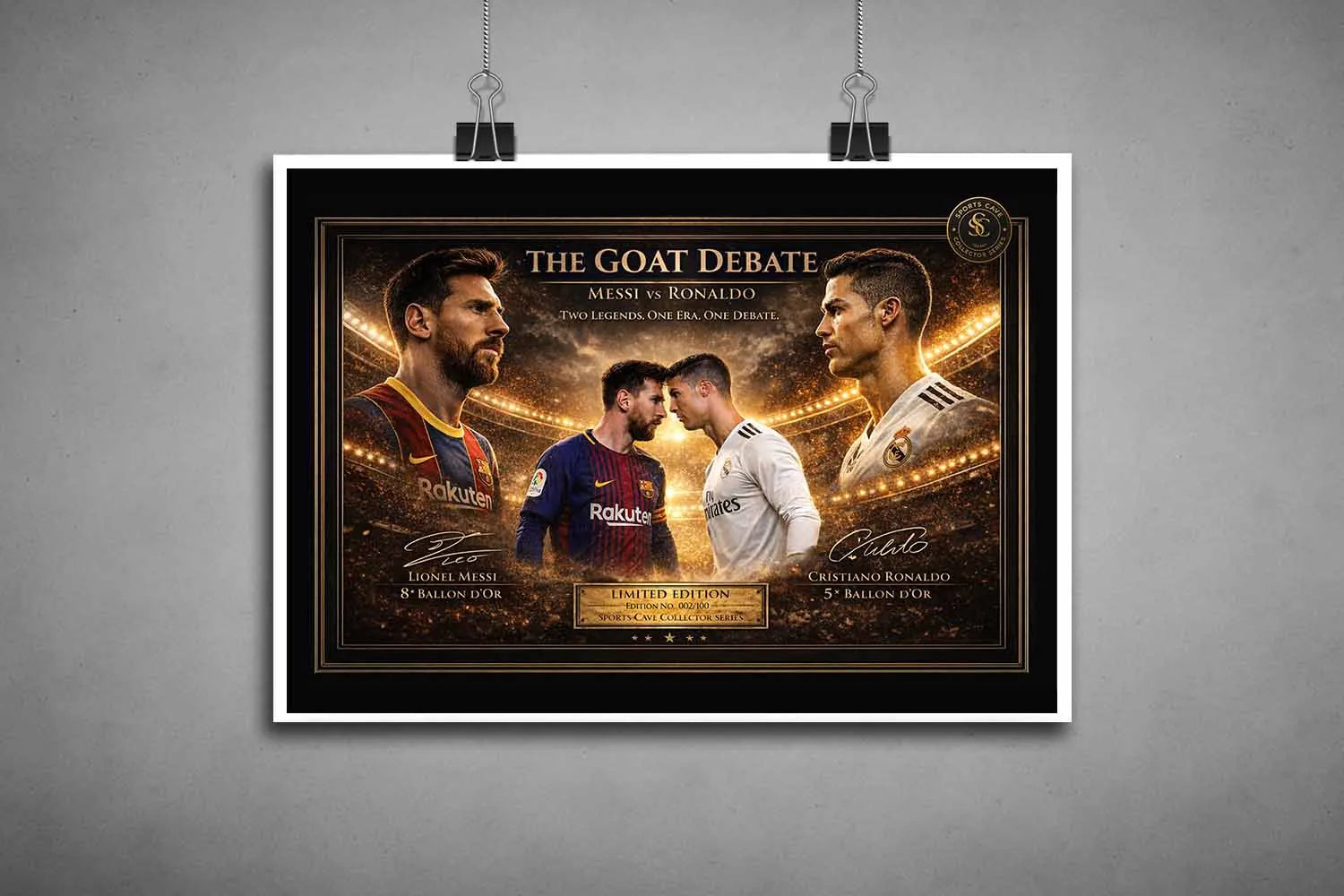 Unframed "Messi vs Ronaldo" soccer art featuring the iconic rivalry between Messi and Ronaldo, perfect for personal framing or display.