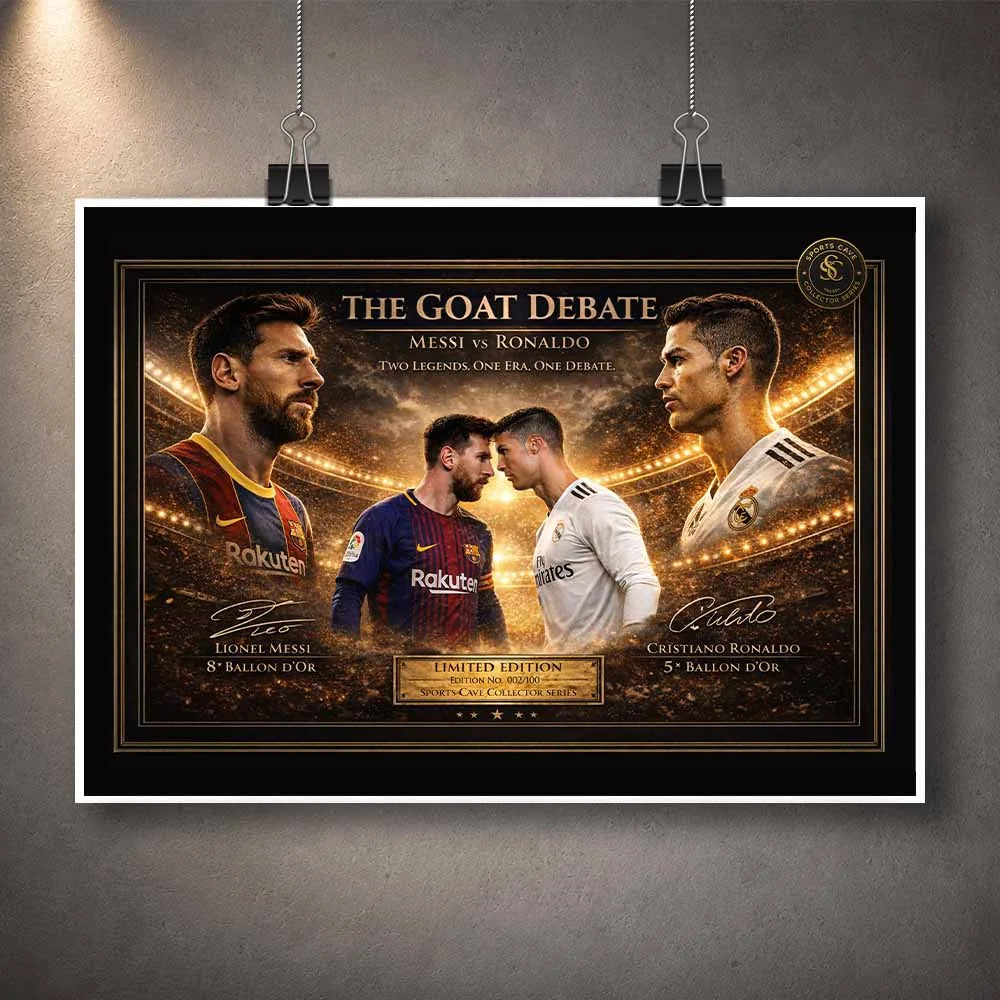 Unframed Messi vs Ronaldo limited edition sports prints capturing football’s most iconic modern rivalry.