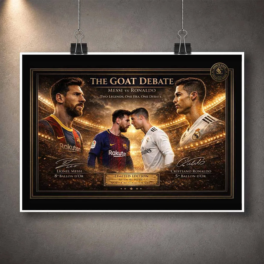 Unframed Messi vs Ronaldo limited edition sports prints capturing football’s most iconic modern rivalry.
