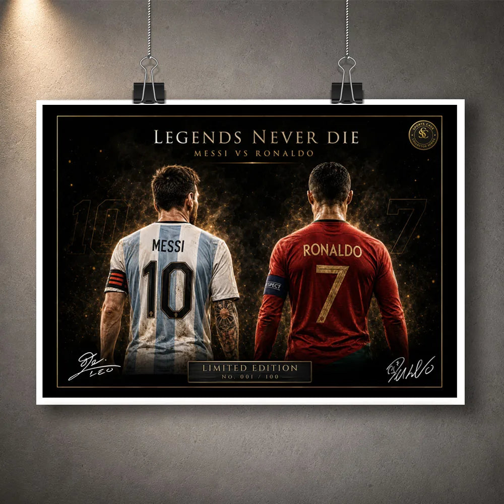 Messi vs Ronaldo unframed soccer wall art print, limited edition design for football fans.
