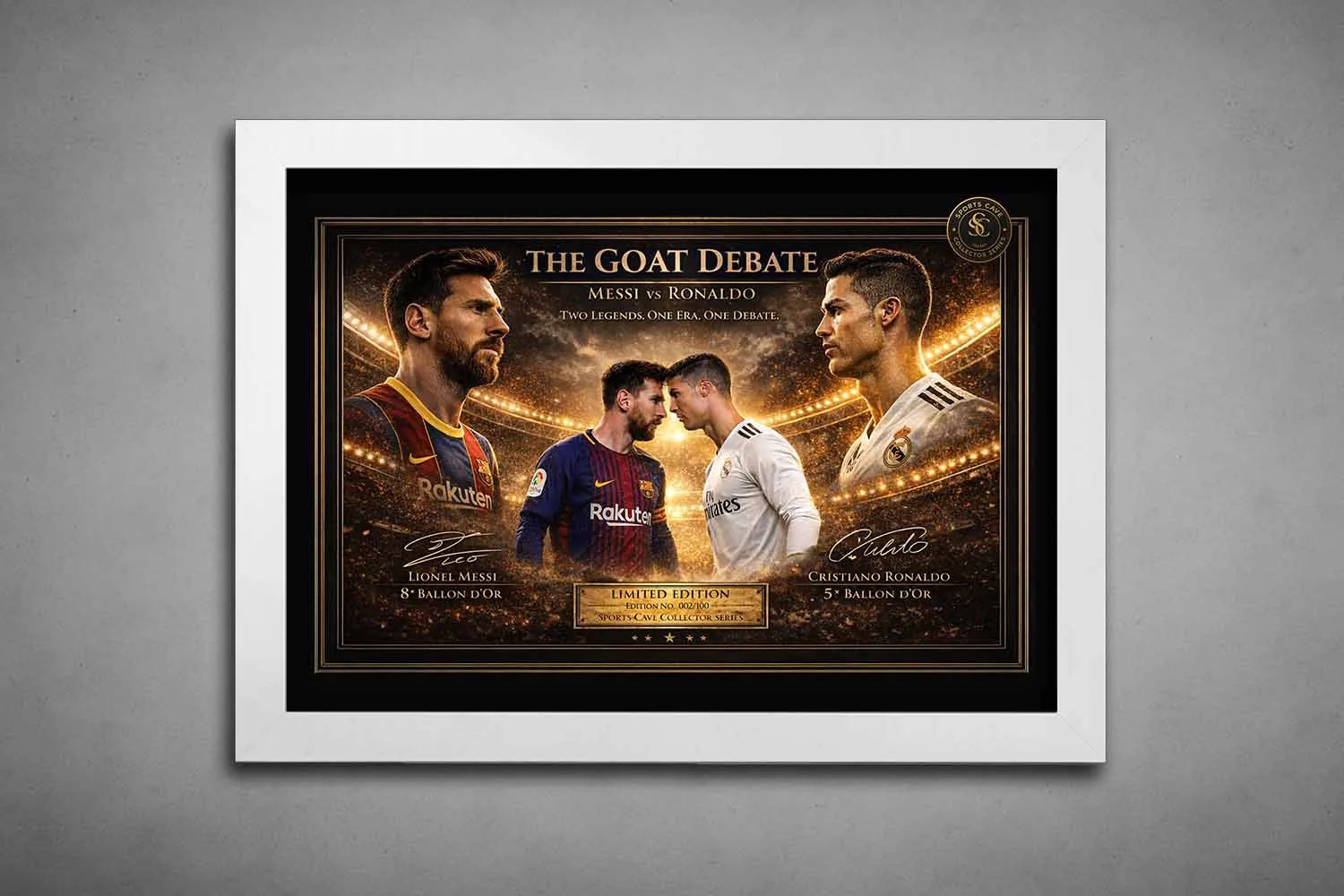 Framed "Messi vs Ronaldo" soccer art in a white frame showcasing the GOAT debate, with Messi and Ronaldo's iconic rivalry.
