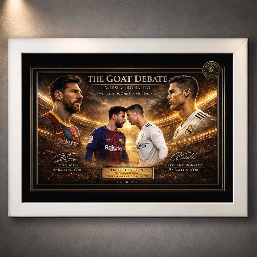 Messi vs Ronaldo framed sports art in a white frame celebrating football’s greatest rivalry and GOAT debate.