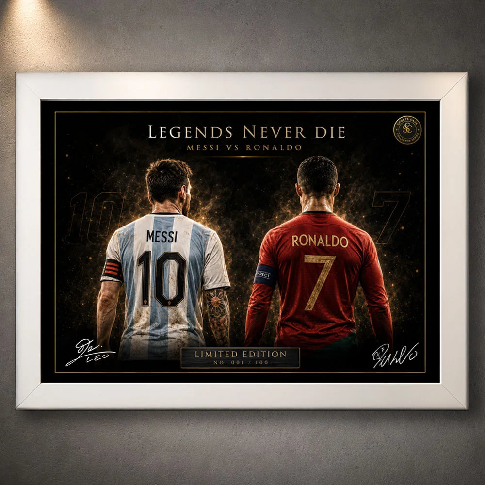 Messi vs Ronaldo white framed soccer wall art, premium football print for modern fan spaces.
