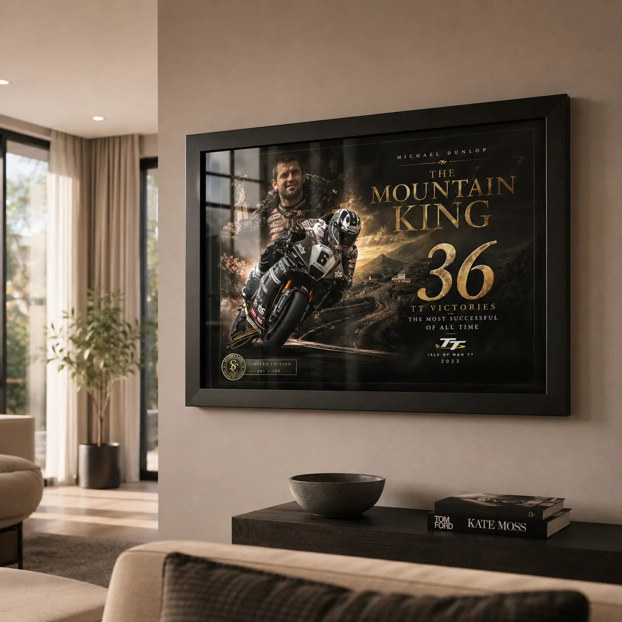 Michael Dunlop Mountain King wall art displayed in a premium neutral living room for Isle of Man TT fans.