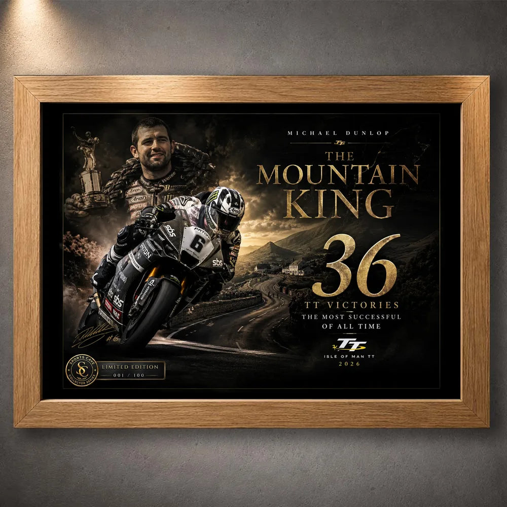 Oak framed Michael Dunlop Mountain King wall art for Isle of Man TT and motorcycle racing collectors.