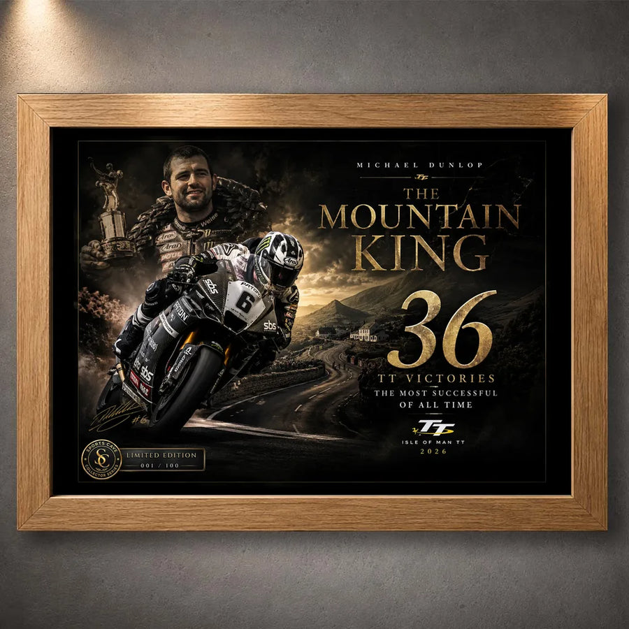 Oak framed Michael Dunlop Mountain King wall art for Isle of Man TT and motorcycle racing collectors.