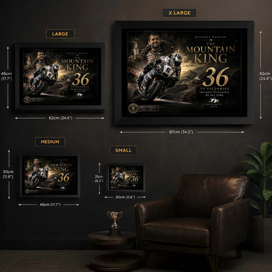 Michael Dunlop Mountain King wall art size guide showing available framed dimensions from small to extra large.