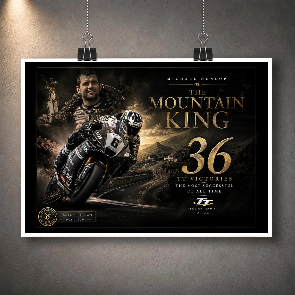 Unframed Michael Dunlop Mountain King sports wall art design featuring his 36 Isle of Man TT victories.