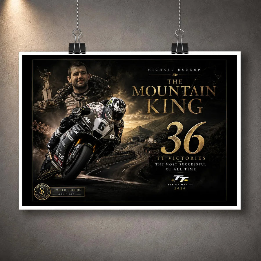 Unframed Michael Dunlop Mountain King sports wall art design featuring his 36 Isle of Man TT victories.