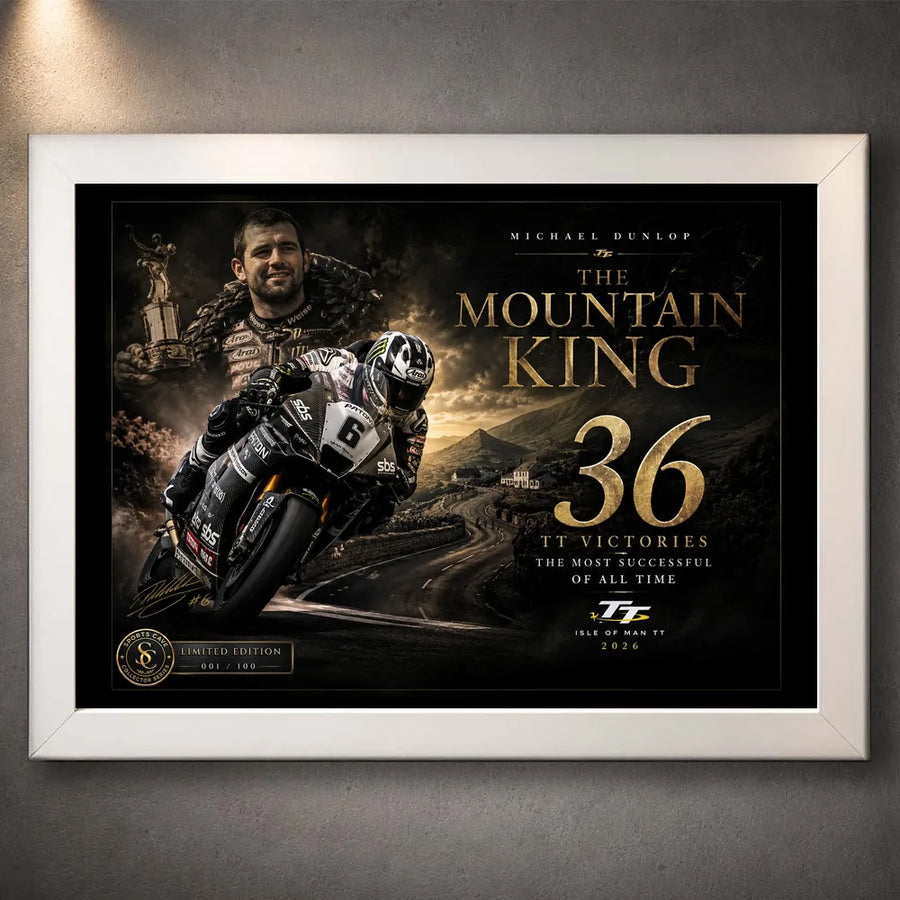 White framed Michael Dunlop Mountain King motorsport wall art presented against a textured neutral wall.