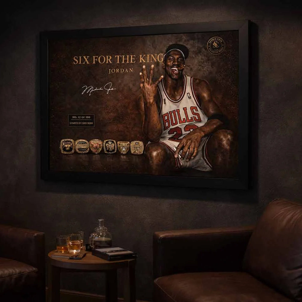Michael Jordan six rings framed artwork displayed in luxury man cave setting, bold man cave wall décor piece
