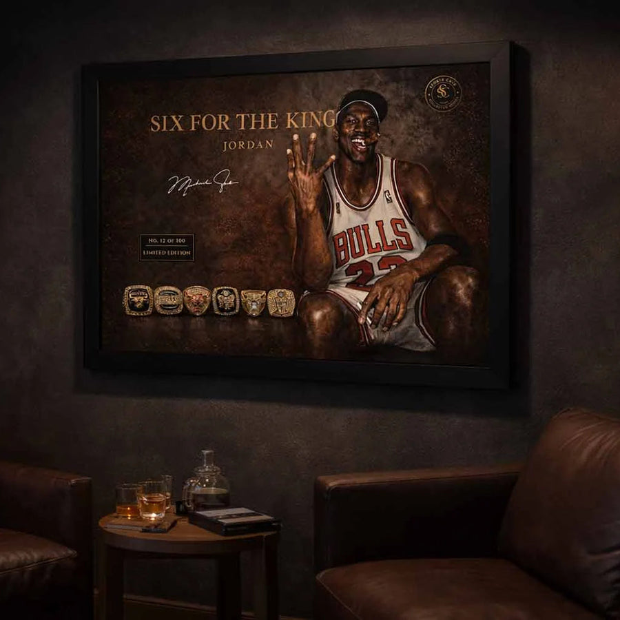 Michael Jordan six rings framed artwork displayed in luxury man cave setting, bold man cave wall décor piece