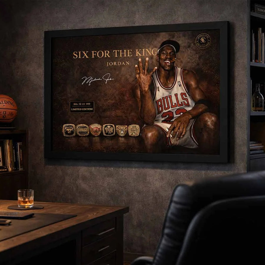 Michael Jordan Bulls legacy framed artwork in executive office, premium sports wall art for refined spaces