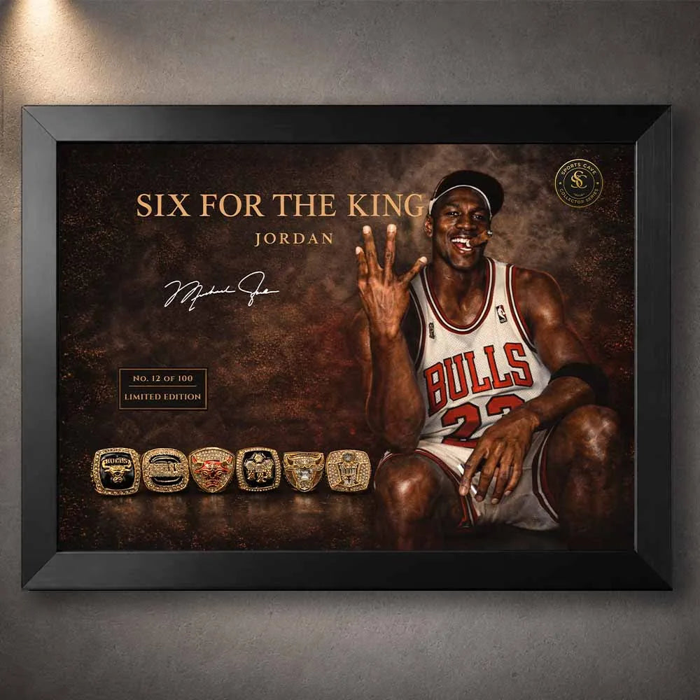 Michael Jordan six championship rings artwork in black frame, premium michael jordan wall art for collectors