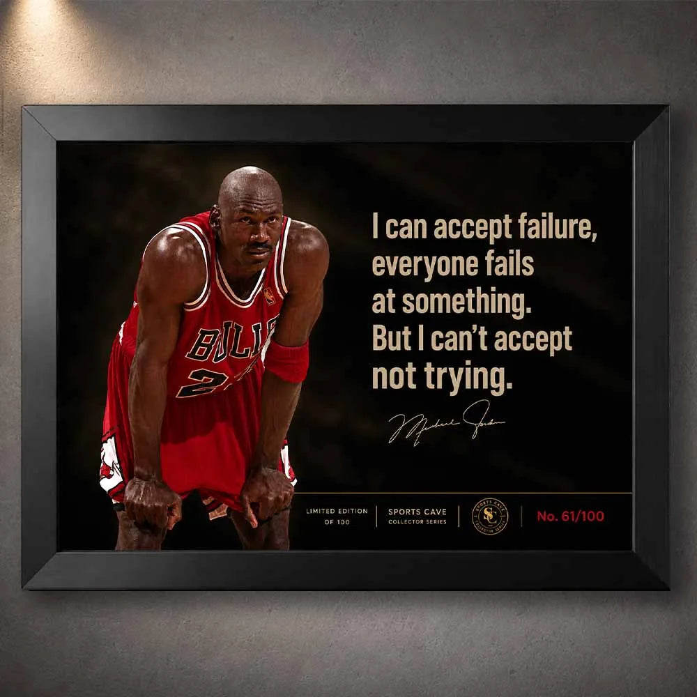 Michael Jordan sports wall art quote print in black frame, limited edition nba wall art for premium sports collectibles fans.