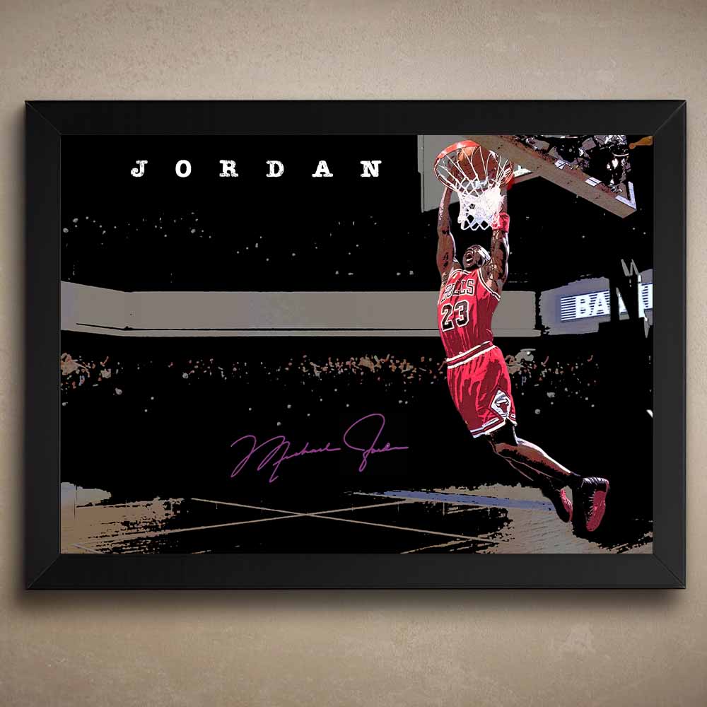 Framed Michael Jordan wall art dunking for the Bulls — premium NBA wall art perfect for man cave wall décor collectors.