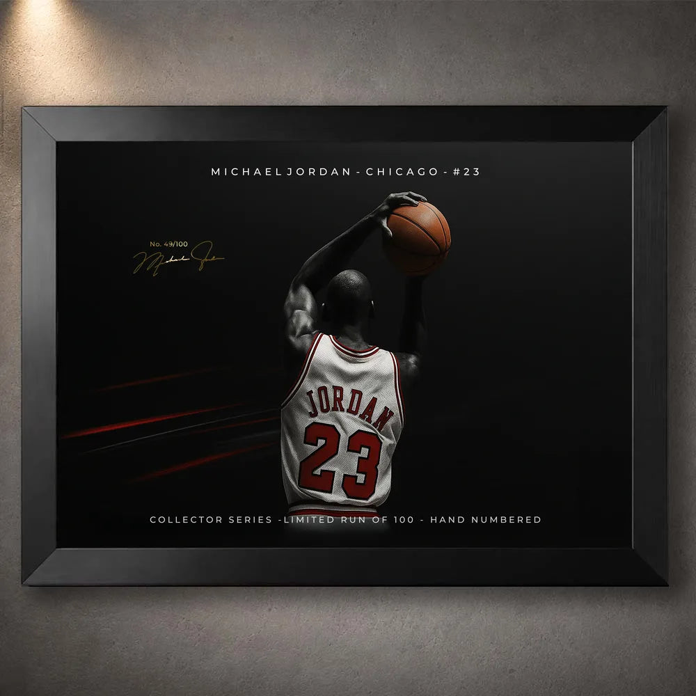 Black framed Michael Jordan wall art showing No. 23 in a dark basketball collector print.