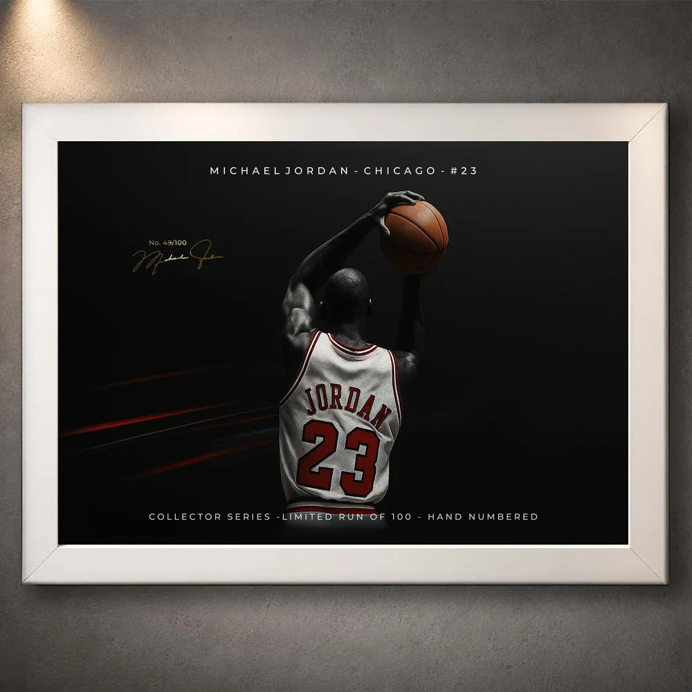 Light frame version of the Chicago No. 23 basketball wall art displayed on a textured grey wall.