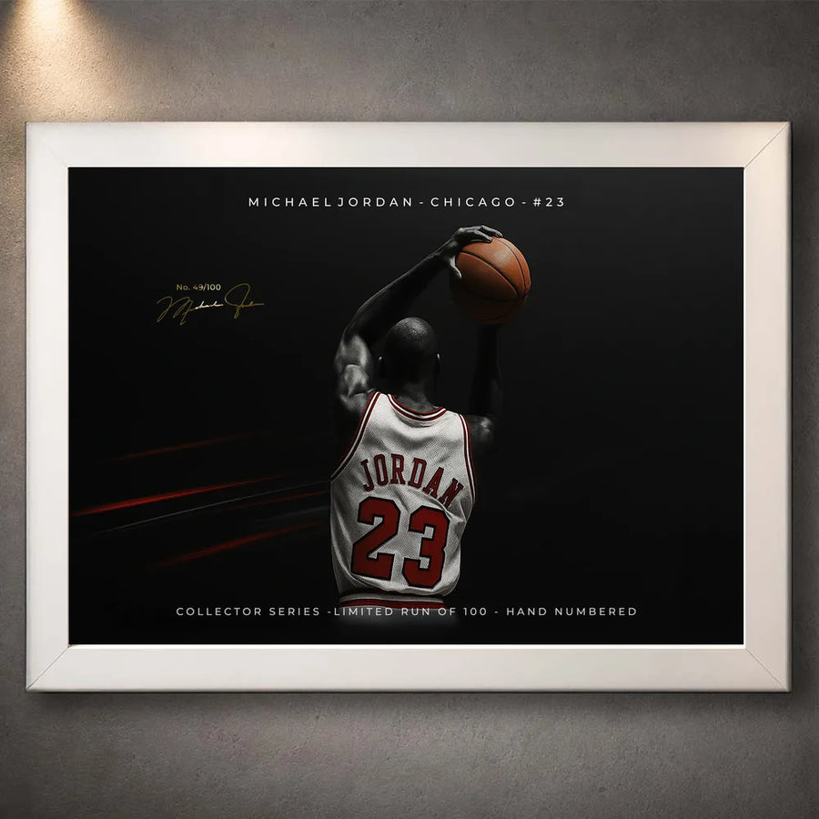 Light frame version of the Chicago No. 23 basketball wall art displayed on a textured grey wall.