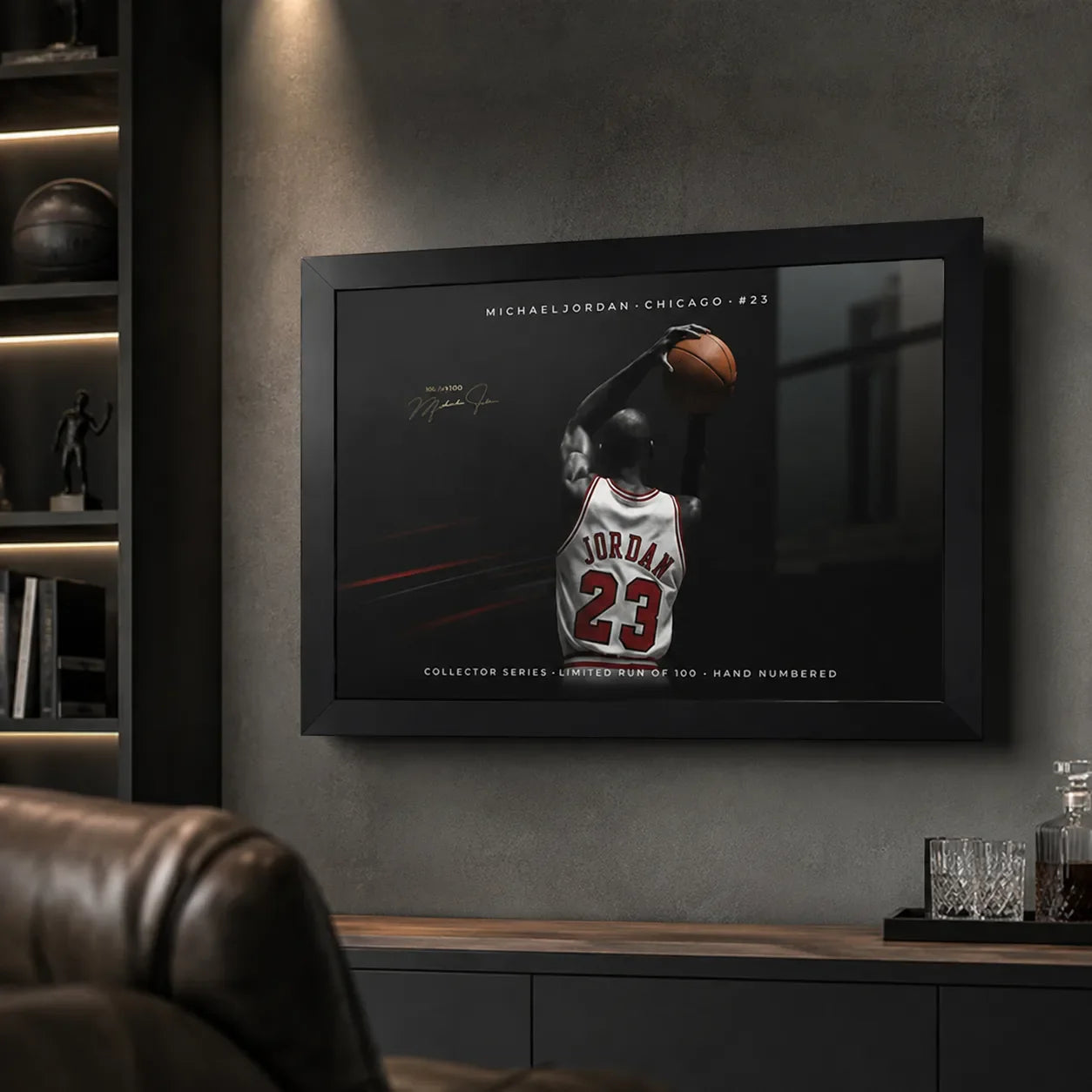 Michael Jordan framed basketball print on a dark man cave wall with shelves and lounge seating.