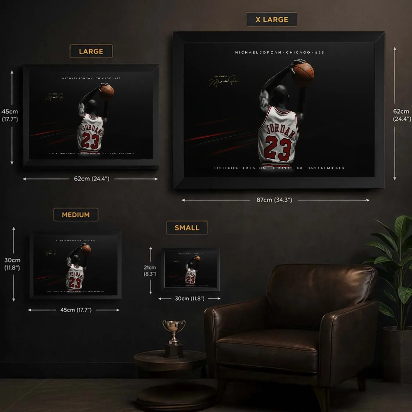 Size guide for Michael Jordan framed basketball wall art showing S, M, L, and XL dimensions.