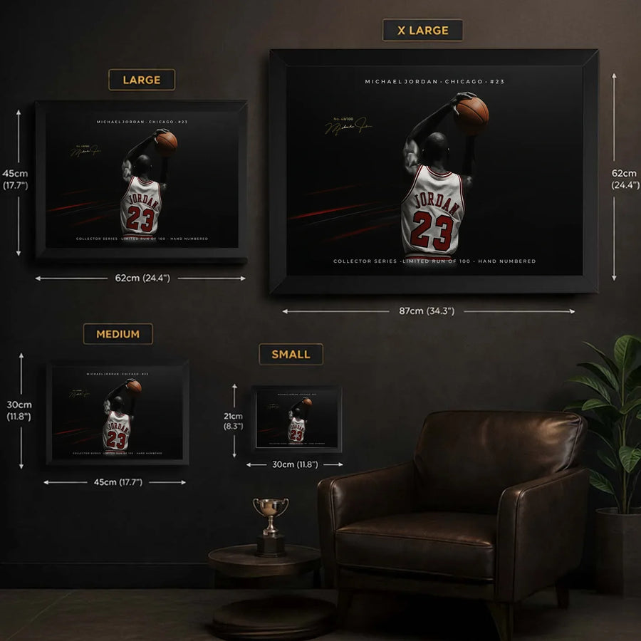 Size guide for Michael Jordan framed basketball wall art showing S, M, L, and XL dimensions.