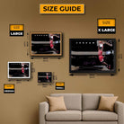 Size guide for Michael Jordan wall art showing framed print options from A4 to A1 — perfect for man cave or sports decor walls.