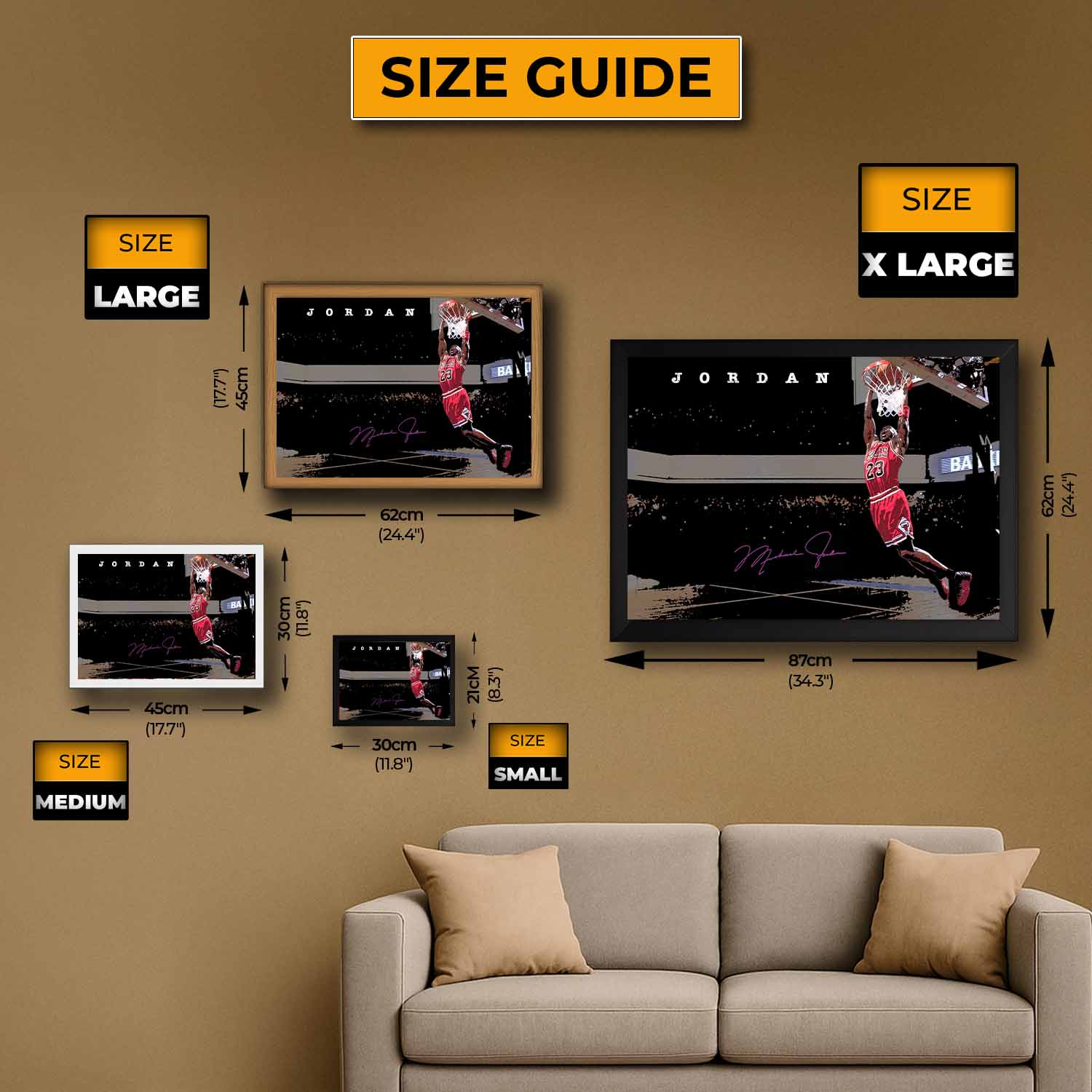 Size guide for Michael Jordan wall art showing framed print options from A4 to A1 — perfect for man cave or sports decor walls.