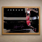 Oak-framed Michael Jordan wall art showcasing his iconic dunk — a must-have limited edition for NBA fans and man cave decor.