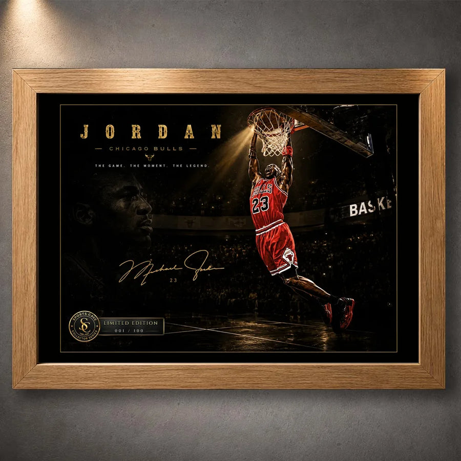 Basketball dunk wall art shown in an oak frame with a dark court scene.