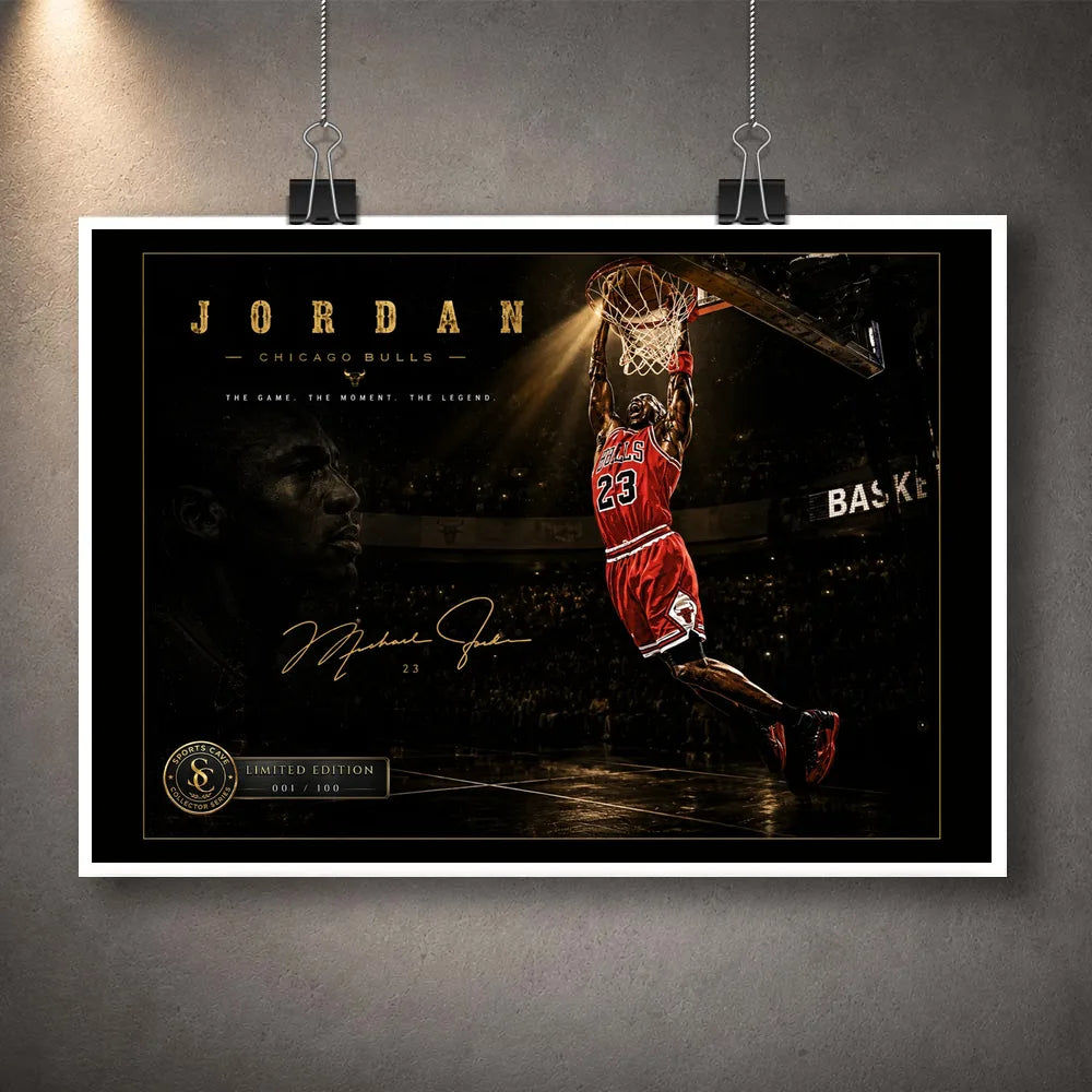 Unframed basketball dunk wall art print hanging from clips with a white border against a grey wall.