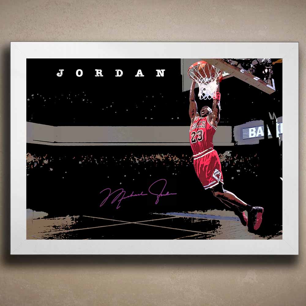 White-framed Michael Jordan wall art dunking for the Chicago Bulls — premium sports wall art for man cave or NBA fan space.