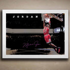 White-framed Michael Jordan wall art dunking for the Chicago Bulls — premium sports wall art for man cave or NBA fan space.